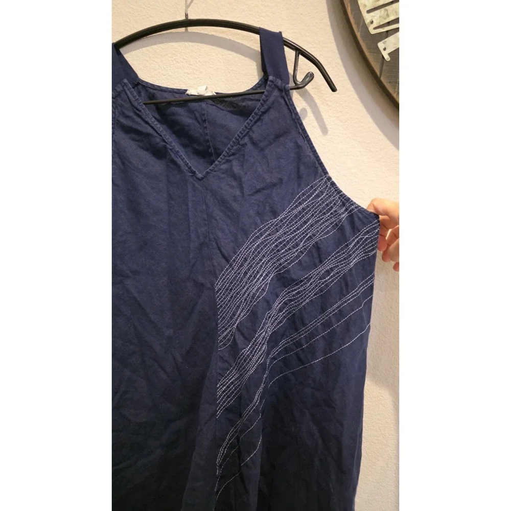 Eileen Fisher Irish Linen Asymmetrical Midi Dress Navy Blue Stitch Sleeveless  L - Picture 6 of 10